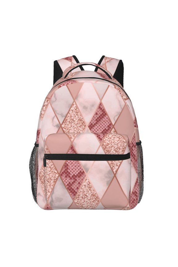 Rose Gold Marble Snakeskin Geometric Backpack Casual College Bag Zipper Laptop Daypack Hiking Rucksack Travel