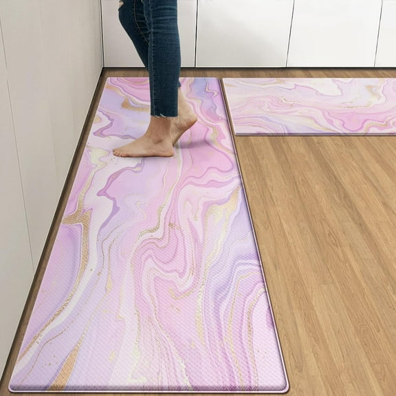 Rose Gold Marble Stripe Anti-Fatigue Kitchen Rug Set of 2 Purple Pink Painting Cushioned Kitchen Floor Standing Mat Waterproof Non-Slip Kitchen Mat and Rugs PVC Ergonomic Comfort Foam Rug