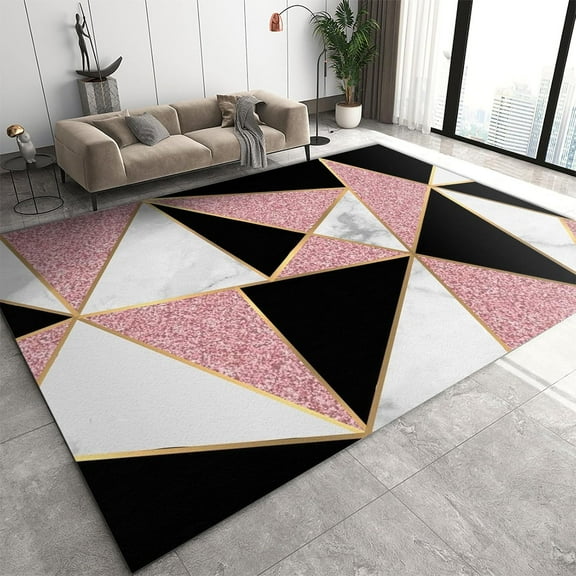Rose Gold Marble Texture Area Rug, Black Gold Irregular Geometry Indoor Rugs, with Non-Slip Backing Large Indoor Carpet for Living Room Bedroom Kitchen Entryway Floor Mat-2x3ft