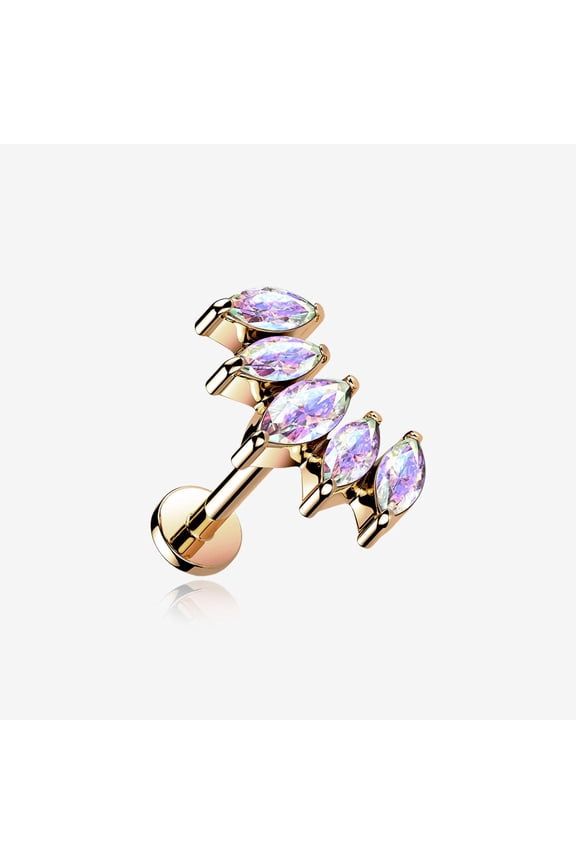 Rose Gold Marquise Sparkle Curve Top Internally Threaded Steel Flat Back Stud Labret
