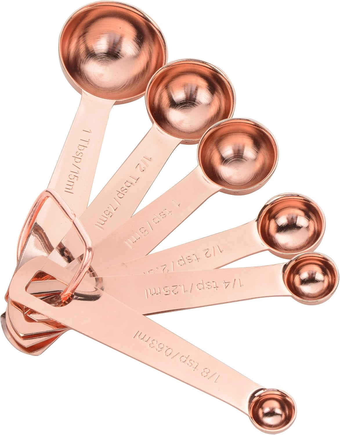 Rose Gold Measuring Scoops for Dry Liquid Ingredients, Copper Plated Metal Measuring Spoons Set of 6 with Easy-Lock Ring for Kitchen Baking Cooking (Rose Gold)