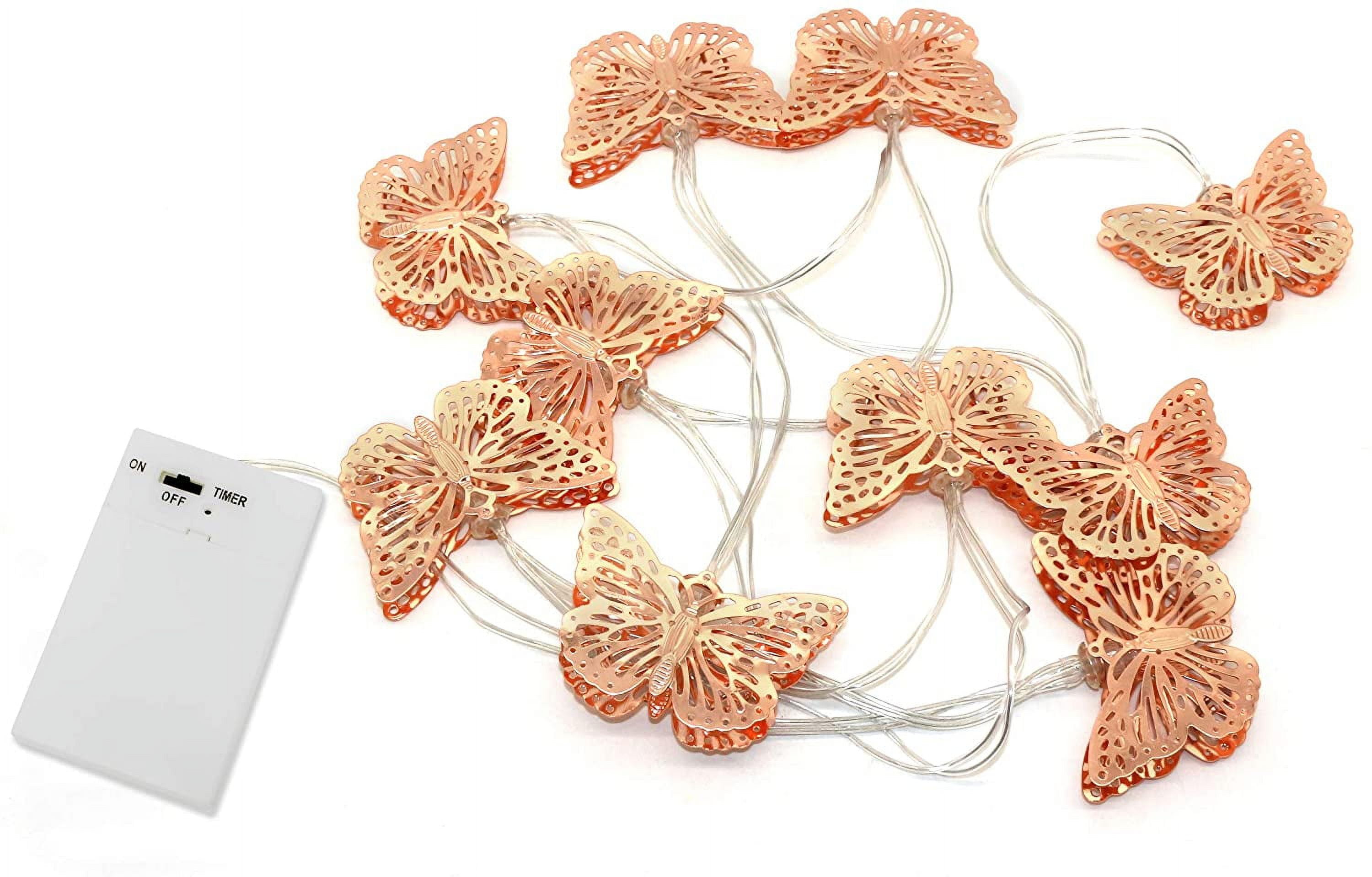 Rose Gold Metal Butterfly String Lights - 10 LED, 5 Ft, Battery Operated With Timer, For Bedroom, Wedding & Party Decor