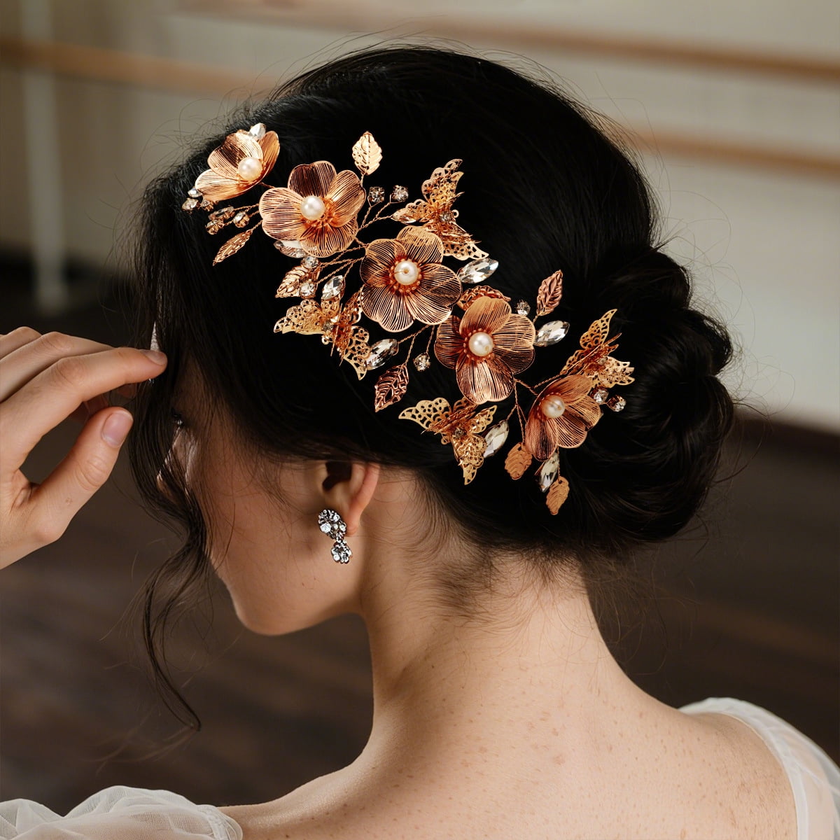 Bulk - 30 Bridal Veils with Rose Gold Hair Comb Rosewood Porcelain Flowers and Crystal Rose Gold Hair Comb main image 2