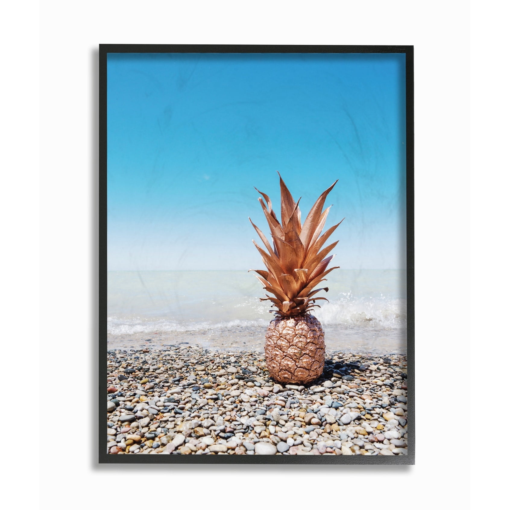 Rose Gold Metallic Pineapple On Beach with Blue Sky Framed Giclee Texturized Art, 11 x 1.5 x 14