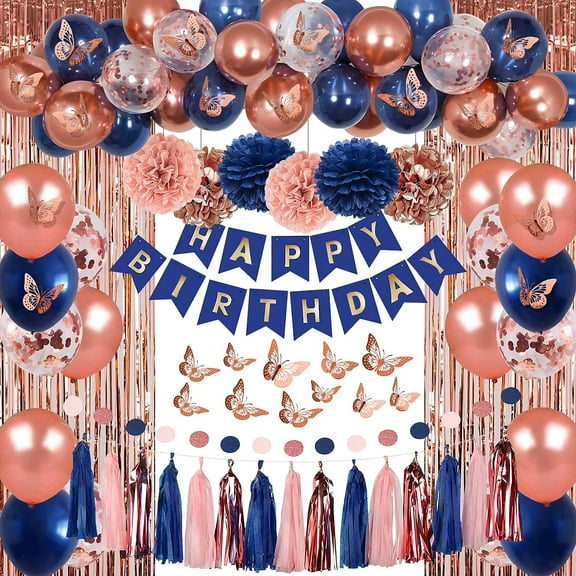Rose Gold and Navy Blue Birthday Party Decorations for Women with Happy Birthday Banner,Curtains, Butterfly Wall,Circle Dots Garland,Tissue Pompoms,Paper Tassels Garland Birthday for Her