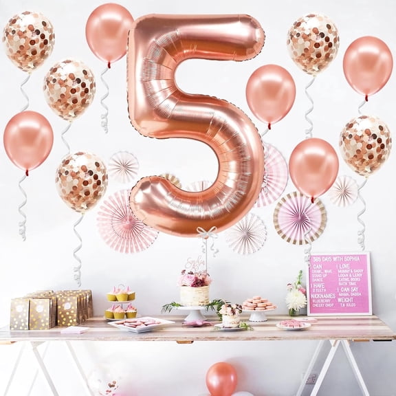 Rose Gold Number 5 Balloon 32 Inch 50 Number Foil Balloons With 10Pcs Latex Confetti Balloons 5 Year Old Girl Balloons Decorations for Wedding 5th Anniversary Decorations