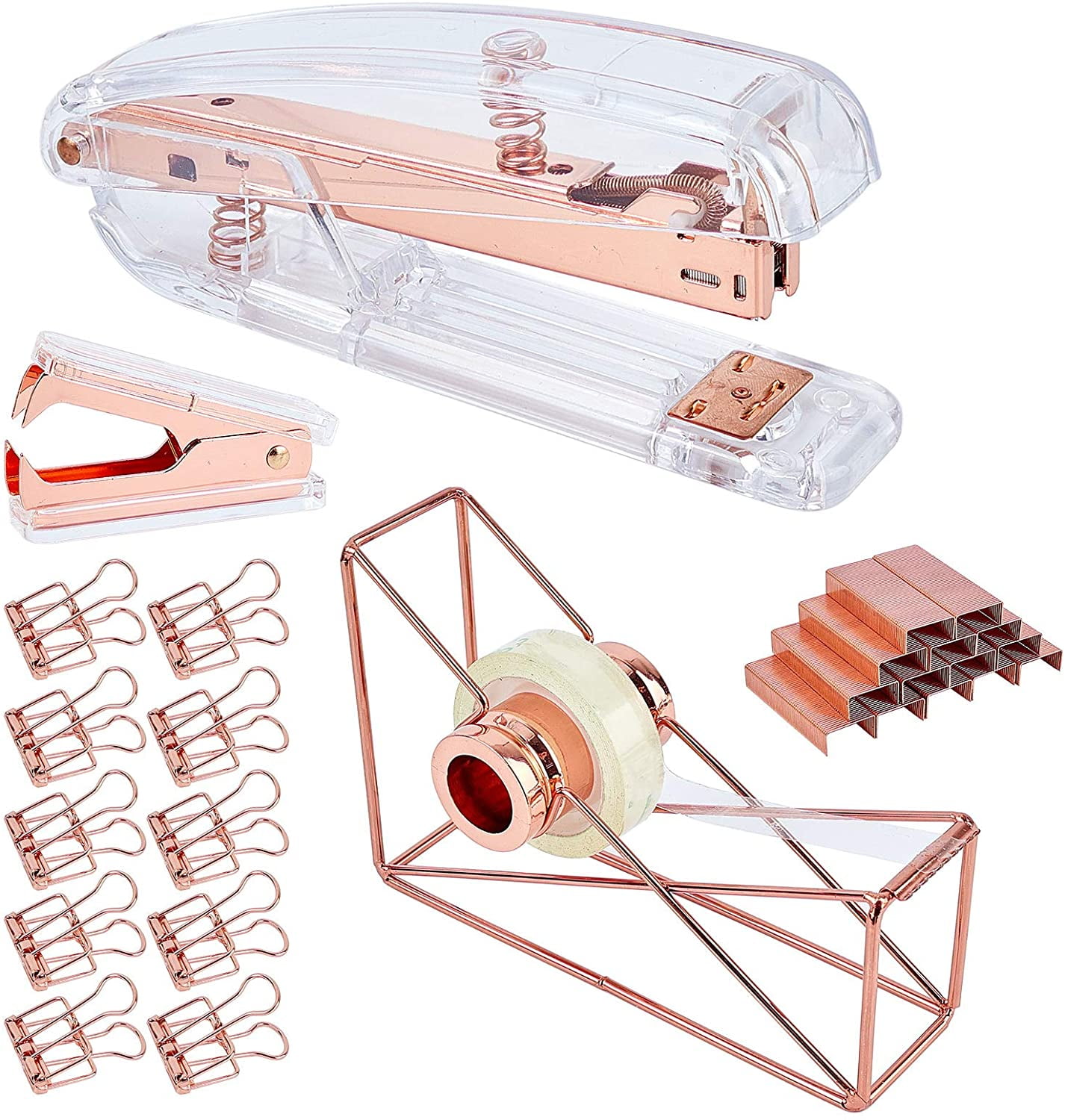 Rose Gold Office Stationery Set Desk Accessory Kit Include 1000Pcs Standard Staples+1Pc Tape Cutters Holder+1Pc Claw Staple Remover+10Pcs Binder Clips