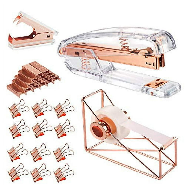 Rose Gold Office Supplies Set - Stapler, Tape Dispenser, Staple Remover  with 1000 Staples and 12 Binder Clips, Luxury Acrylic Rose Gold Desk  Accessories & Decorations 