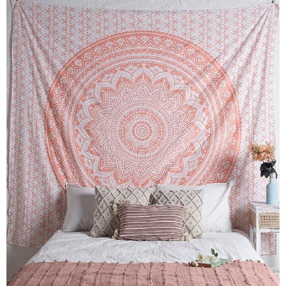 Rose Gold Ombre, Mandala Tapestry, Boho Indian Cotton Wall Hanging, Neutral Bedroom Decor, Yoga Meditation Wall Art