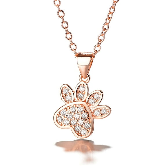 Rose Gold Over Sterling Silver Genuine Crystal Dog Paw Pendant Necklace