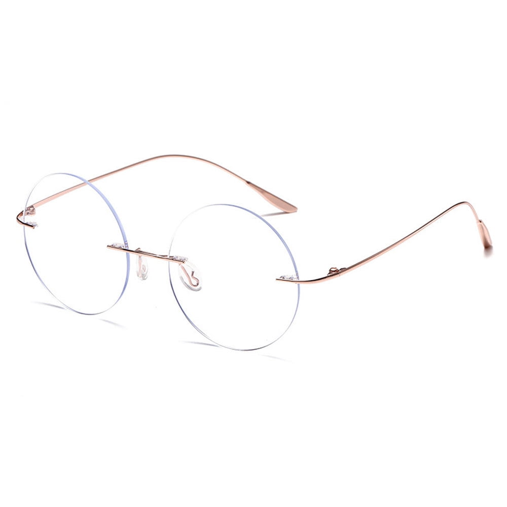 Rose Gold Oversized Round Lightweight Screw-Free Reading Glasses 2.50 Titanium Alloy Anti-Blue Light Rimless Readers +2.50 Strength