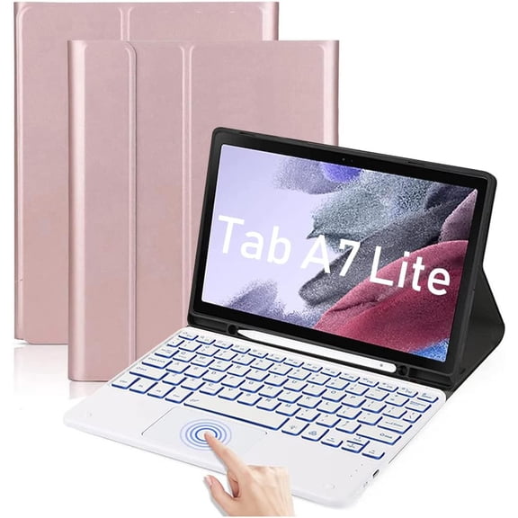 Rose Gold PU Leather Stand Folio with Magnetically Detachable Backlit Touchpad Bluetooth Keyboard for Galaxy Tab A7 Lite 8.7" 2021 (SM-T220/T225)