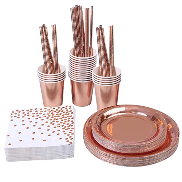 Rose Gold Paper Set Dinnerware Disposable Decorations Plates Tableware