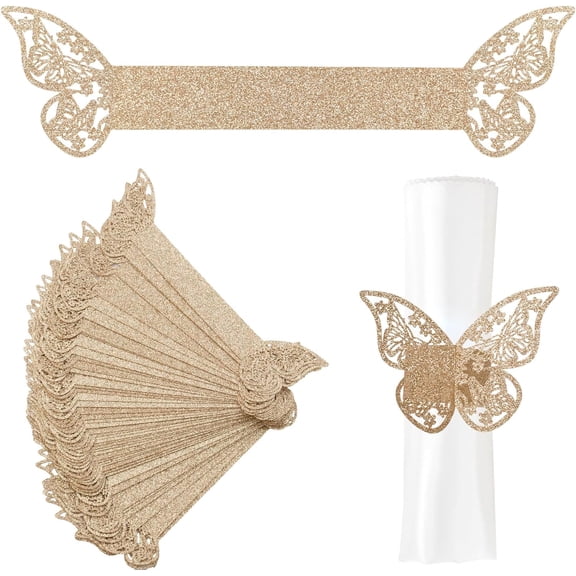 Rose Gold Paper Sparking Napkin Ring Napkin Ring Sets, 50 Pcs Butterfly Paper Napkin Rings Buckles Holder for Wedding Dinner Party Celebration Table Decor