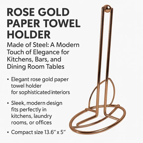 Rose Gold Paper Towel Holder Steel Stand For Kitchen, Bathroom, Counter