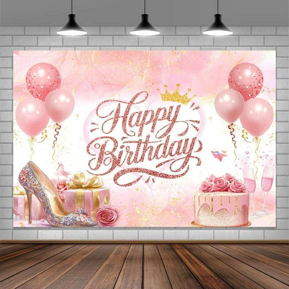 Rose Gold Photo Banner Backdrop Happy Birthday Sign Photography Background for Women Girls Pink Gold Balloons Backdrops Photo Booth Prop Decorations Wall Decor Tablecloth