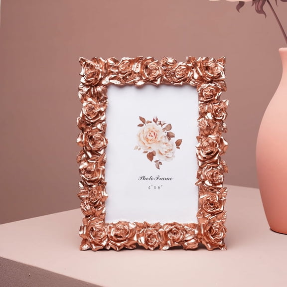 Rose Gold Picture Frame 4x6 Frames, Vintage Rose Gold Palm Leaves Textured Hand-Crafted Resin with Glass Front Elegant Retro Vintage Design Photo Frame Tabletop Display Home Decor