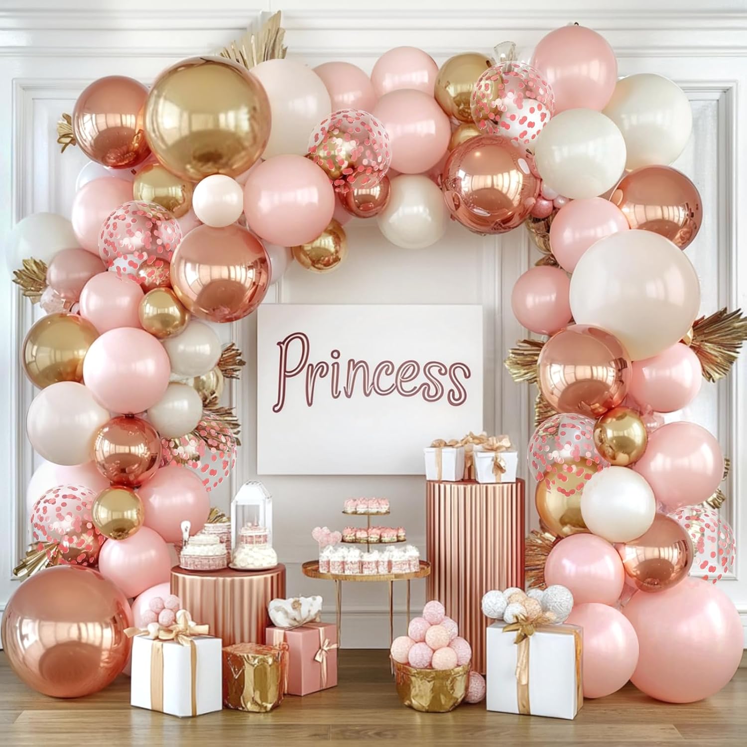 Rose Gold Pink Balloon Arch Kit Double Stuffed Pearl White Rose Gold 