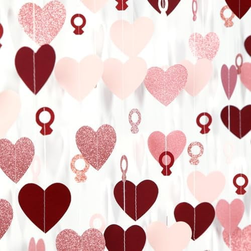 Rose-Gold Pink Burgundy-Red Heart-Ring Garland - 52Ft Engagement Bachelorette Party Decorations Wedding Paper Streamers Banner, Valentines Day Galentines Proposal Decor