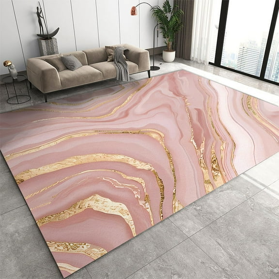 Rose Gold Pink Fluid Marble Area Rug, Luxury Gilded Texture Stripes Indoor Rugs, With Anti-Slip Backing Washable Large Carpet For Living Room Bedroom Home Floor Mats