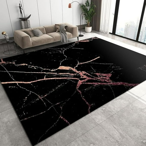 Rose Gold Pink Lines Area Rugs, Black Marble Crack Soft Washable Carpet, Upholstery Rug With Non-Slip Backing For Kids Boys Girls Bedroom Living Room Dining Room Study 1x2ft