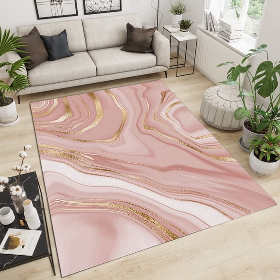 Rose Gold Pink Marble Area Rug Soft Golden Line Art Floor Mat Printed Design Large Carpet For Bedroom Kitchen Living Room