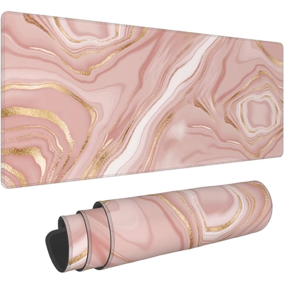 Rose Gold Pink Mouse Pad 31.5 X 11.8 Inch XL Modern Marble Texture Design Gaming Mousepad Extended Large Laptop Keyboard Mouse Mat Non-Slip Rubber Base with Stitched Edges for Home Office