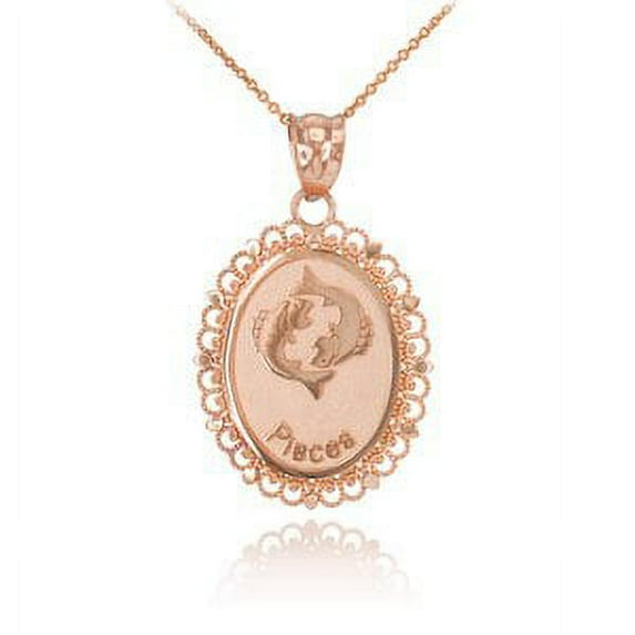 Rose Gold Pisces Zodiac Sign Filigree Oval Pendant Necklace