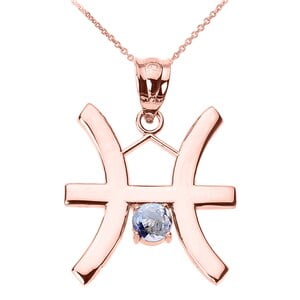 Rose Gold Pisces Zodiac Sign March Birthstone Pendant Necklace : 10K Pendant with 20" chain