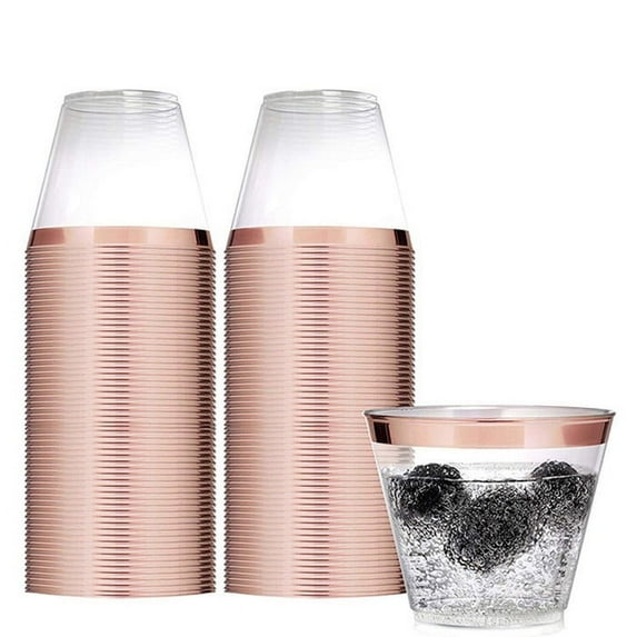 Rose Gold Plastic Cups 100 9 Oz Clear Plastic Cups Old Fashioned Tumblers Rose Gold Rimmed Cups Fancy Disposable Wedding Cups Elegant Party Cups with Rose Gold Rim