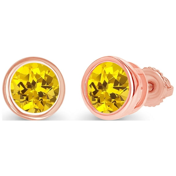 Decadence Rose Gold Plated 925 Sterling Silver 5mm Round Bezel Set Created Yellow Sapphire Birthstone Screwback Stud Earrings