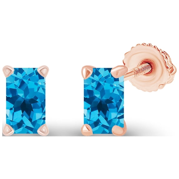 Decadence Rose Gold Plated 925 Sterling Silver 5x3mm Emerald Cut Natural Swiss Blue Topaz December Birthstone Screwback Stud Earrings