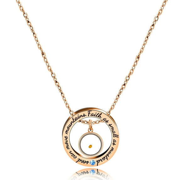 Rose Gold Plated Bible Verse Necklace Faith Can Move Mountains Ring Pendant with Round Mustard Seed Charm Y958 (Round)