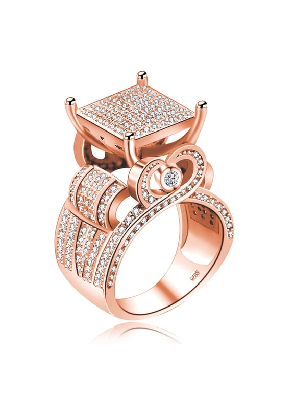 Rose Gold Plated Big Square Cocktail Ring, Heart Side, 0.4" Wide Party Ring Micro Cubic Zirconia Paved (Rose Gold, Size 5)