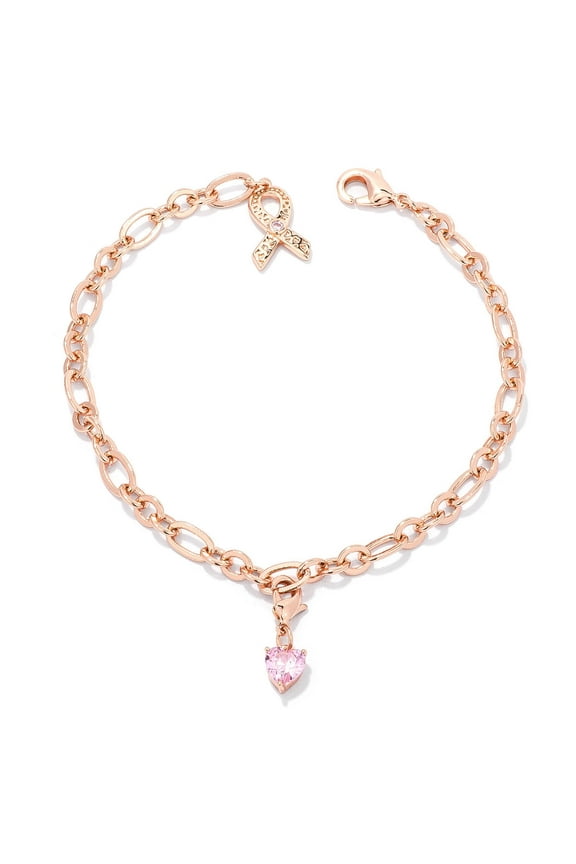 Rose Gold Plated Breast Cancer Awareness Ribbon and Heart Charm Bracelet