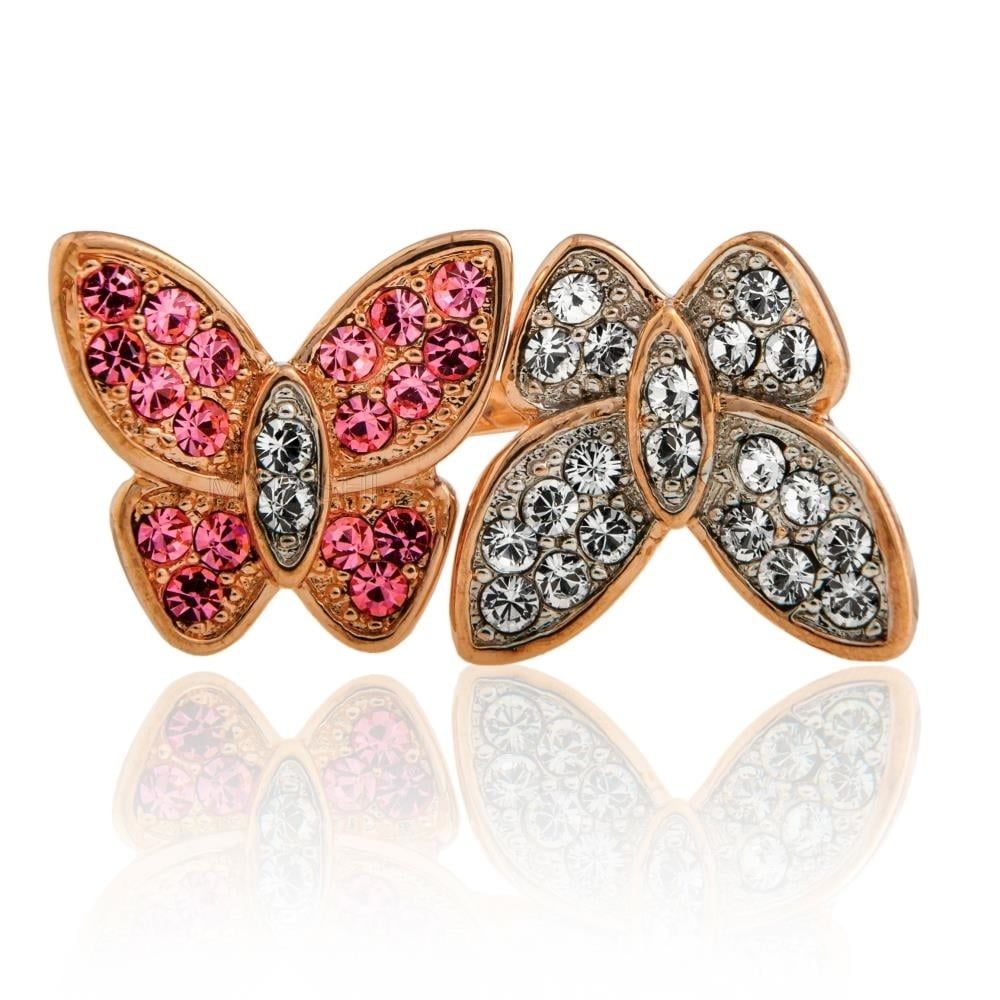 Rose Gold Plated Butterfly Motif Ring With Sparkling Clear And Pink ...