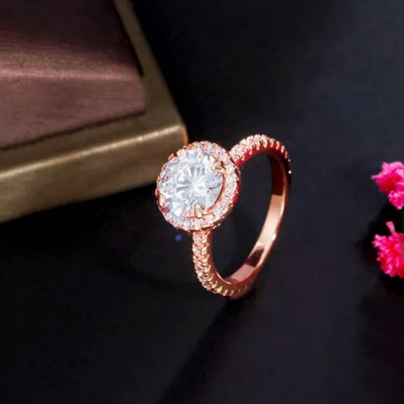 Rose Gold Plated Cubic Zirconia Big 2 Carat Round Ladies Engagement Wedding Ring