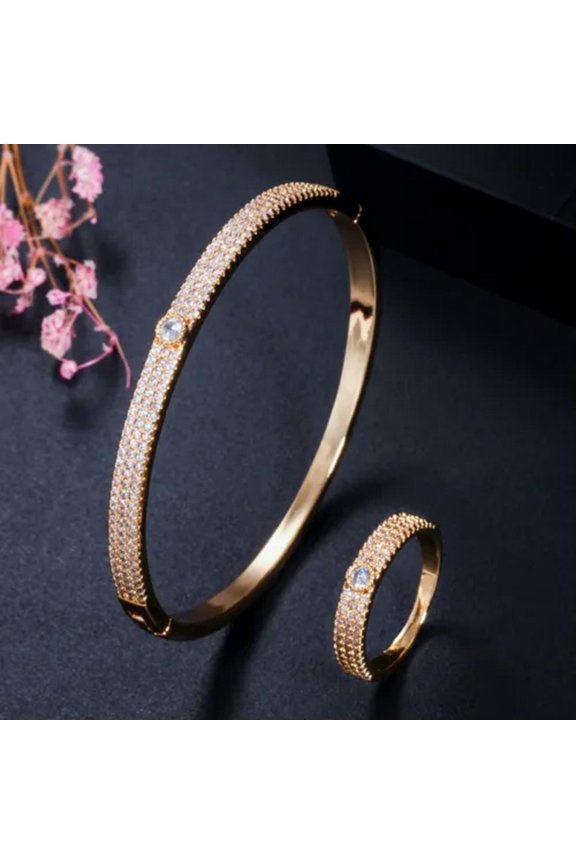 Rose Gold Plated Cubic Zirconia Big Round Bangle Ring Set for Women Jewelry Gift