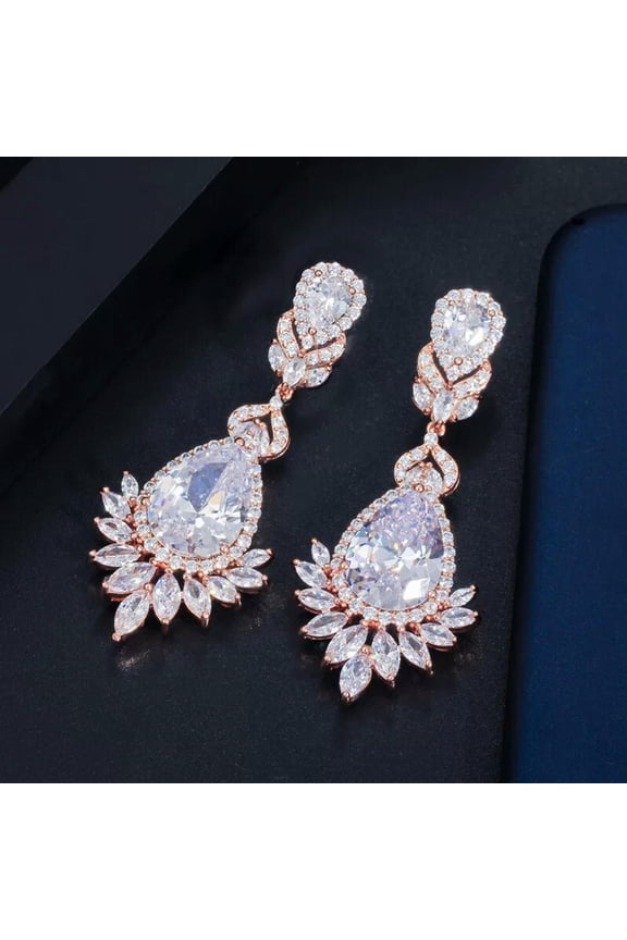 Rose Gold Plated Cubic Zirconia CZ Big Long Dangle Drop Bridal Wedding Earrings