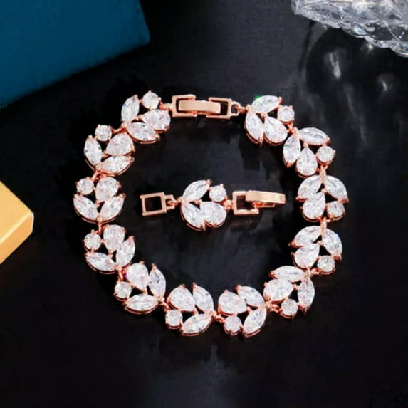 Rose Gold Plated Cubic Zirconia White Leaf Drop Chain Bracelet Fashion Jewellery