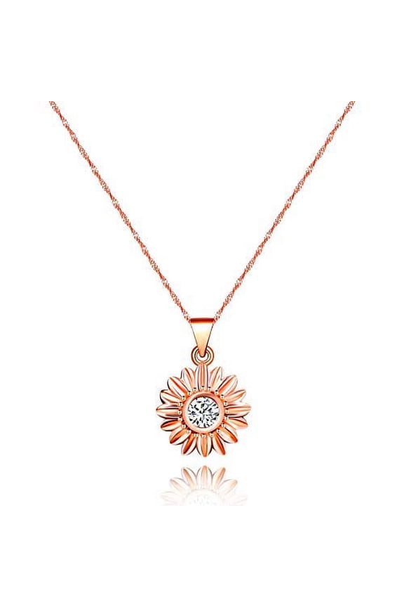 Rose Gold Plated Dainty Daisy Flower Necklace Cubic Zirconia Sun Flower Pendant Chrysanthemum Clavicle Necklace Y900-Rose gold