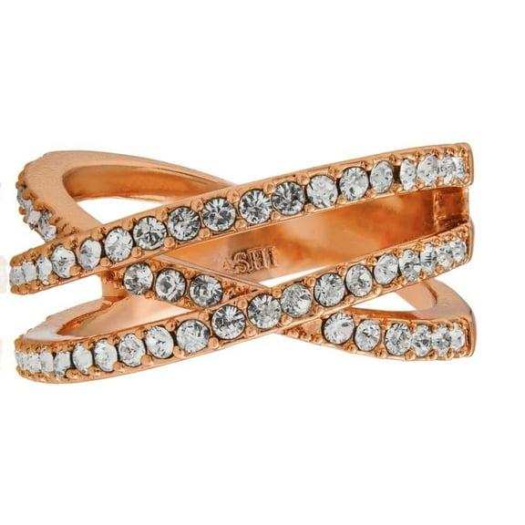 Rose Gold Plated Double Crossed Ring with Luxury Sparkling Crystals Pave Design Size 5