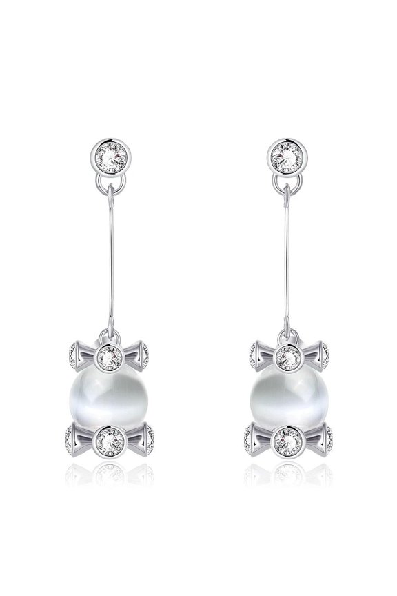 Platinum Plated Bow Pearl Drop Dangle Earrings AAA Zircon Push Back 0.56 Inch L266