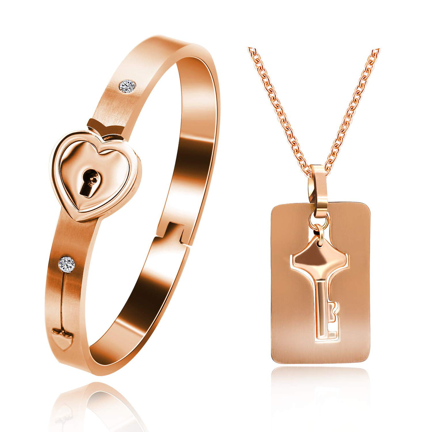 Rose Gold Plated Love Heart Lock Bangle Bracelet and Shield Key Pendant Necklace Jewellery Set for Couples Sn300, Adult Unisex, Size: One Size