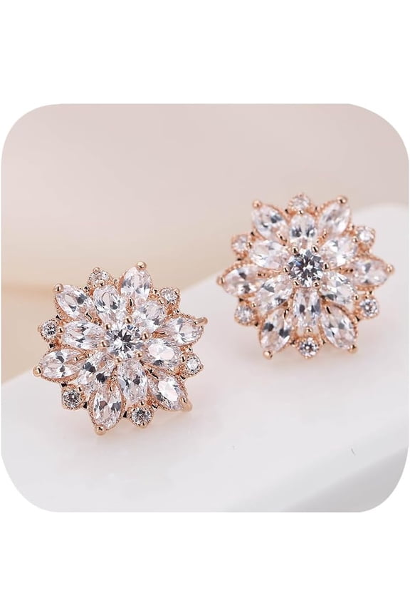 Rose Gold Plated Luxury Simulated Diamond Flower Cluster Stud Earrings for Bridal Sparkly CZ Double Cubic Zirconia Sunflower Wedding Party Prom Costume Jewelry for Bridesmaids Women Birthday Gift
