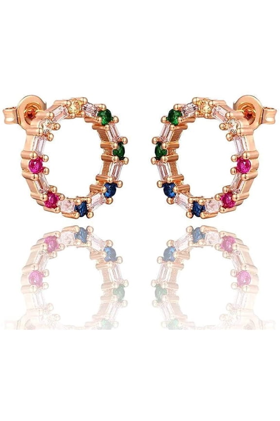 Rose Gold Plated Rainbow Studded CZ Cubic Zirconia Open Circle Stud Earrings, Giorgio Bergamo