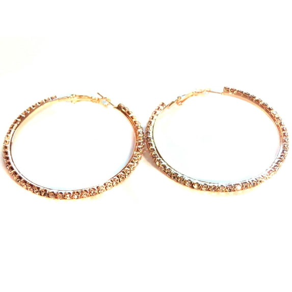 Rose Gold Plated Rhinestone Hoop Earrings 2 inch Hoops