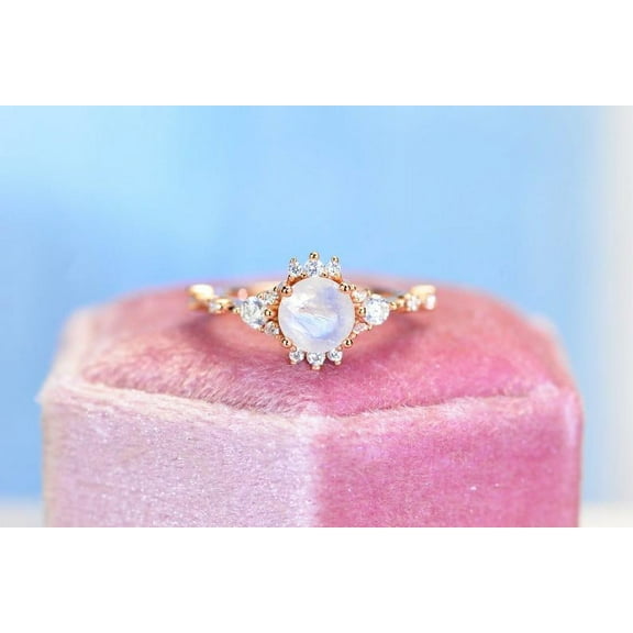 Rose Gold Plated Silver Dainty Natural Moonstone Ring, 1Ct Round Cut Moonstone Ring, Size 8
