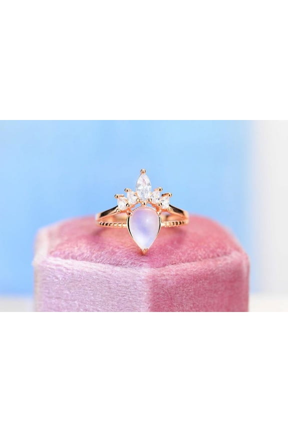 Rose Gold Plated Silver Dainty Natural Moonstone Ring, 2Ct Pear Cut Moonstone Ring, Rose Gold Ring Unique Curved Marquise Cut Ring, Size 7