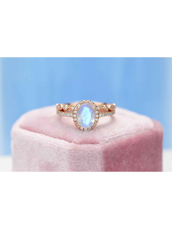 Rose Gold Plated Silver Dainty Natural Moonstone Ring Set, 2Ct Oval Cut Moonstone Vintage Ring Set, Rose Gold Ring Unique Curved Ring, Size 7